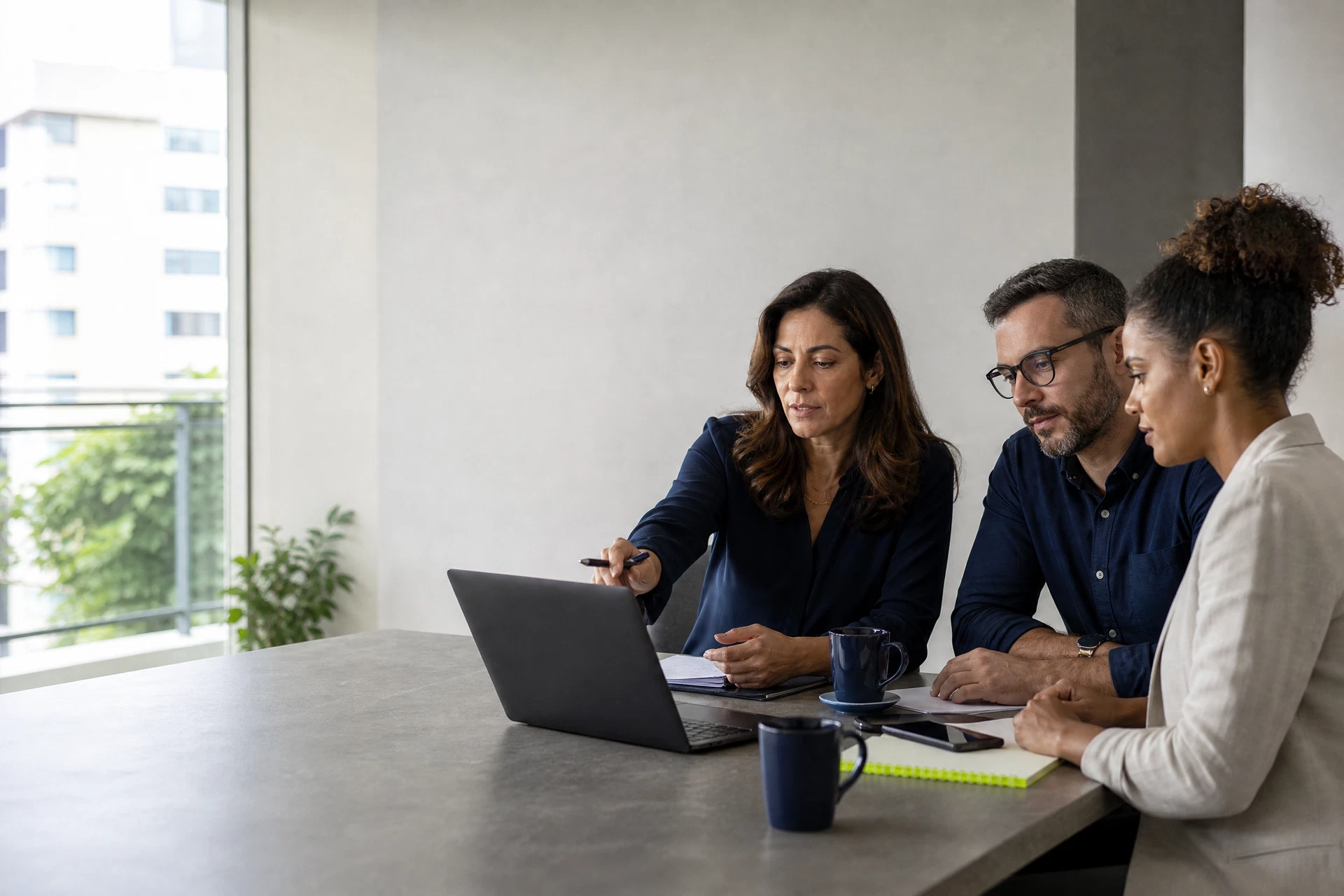 Equipe reunida olhando informações em um laptop