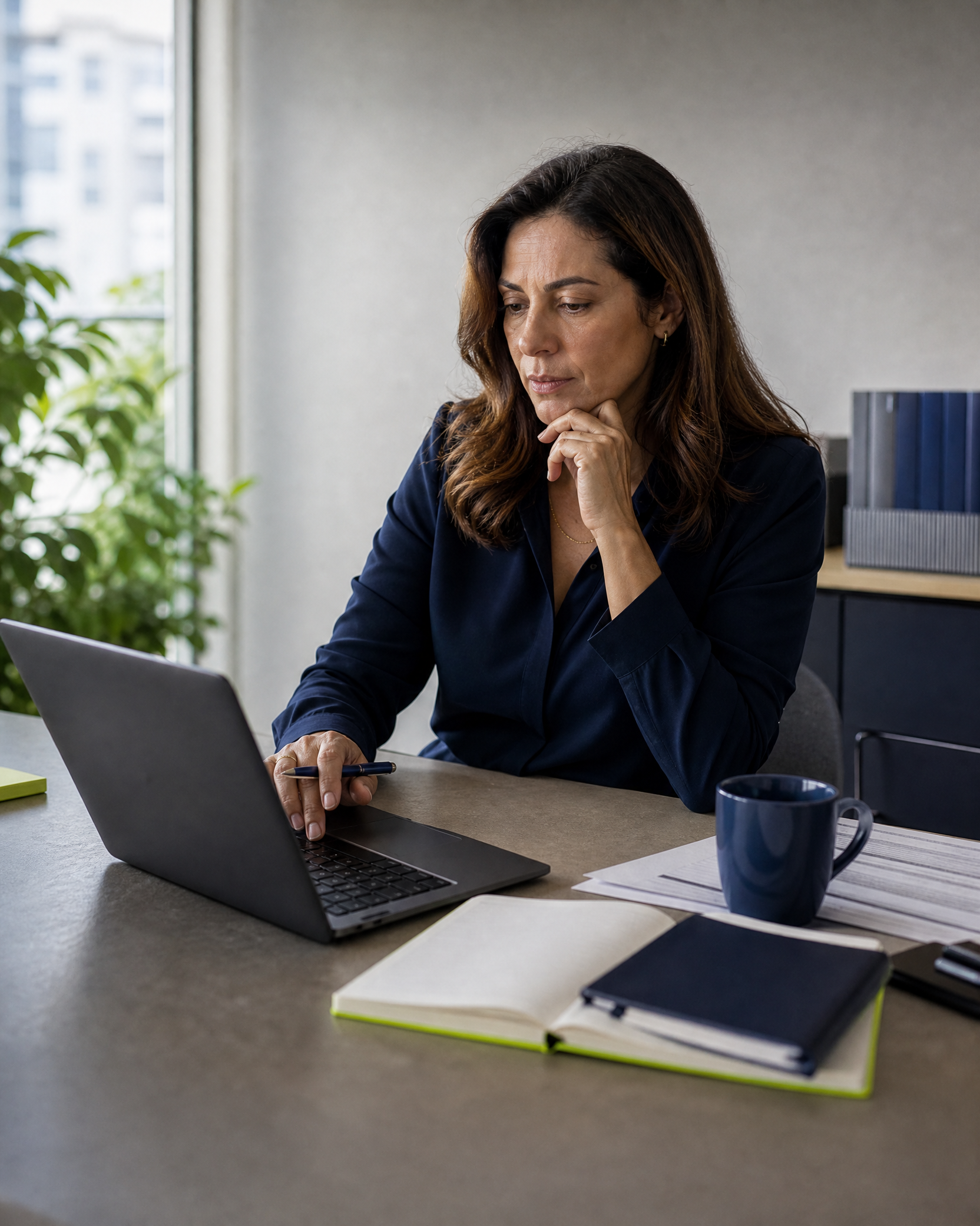 Síndica revisando informações em um laptop
